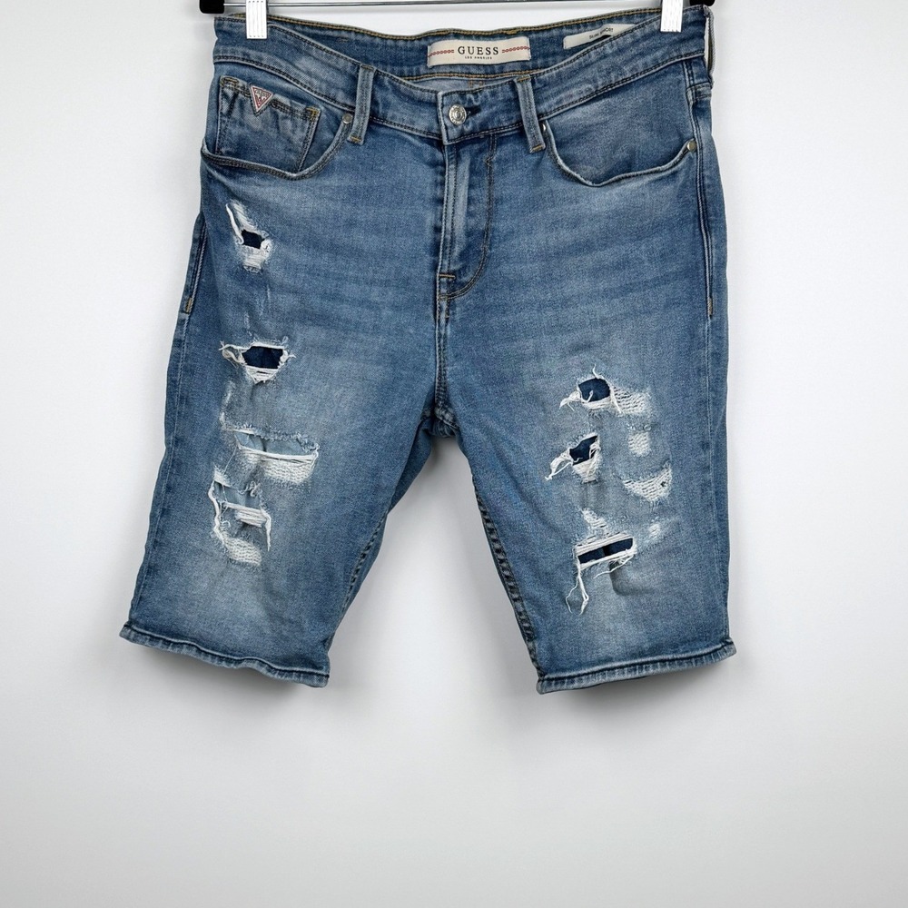Guess Slim Short Mens 32 Blue Distressed Denim Jean Shorts